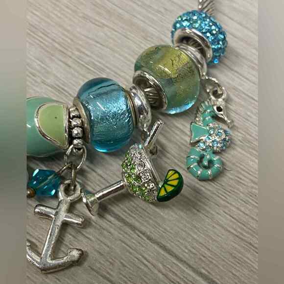 European Style Charm Bracelet Ocean Seahorse Martini Shell Blue Glass - Picture 3 of 5